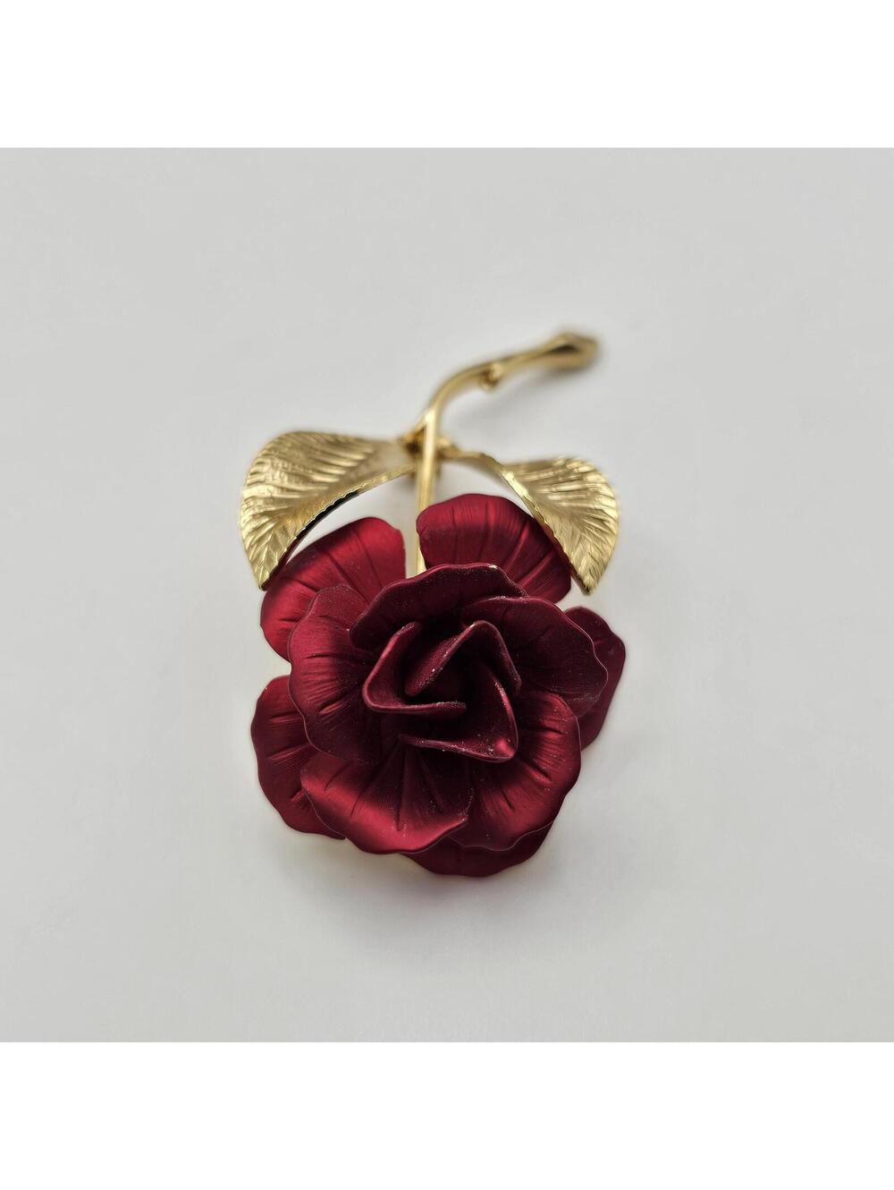 Vintage Cerrito Red Rose Brooch Gold Tone Enamel Floral Pin - Picture 3 of 9